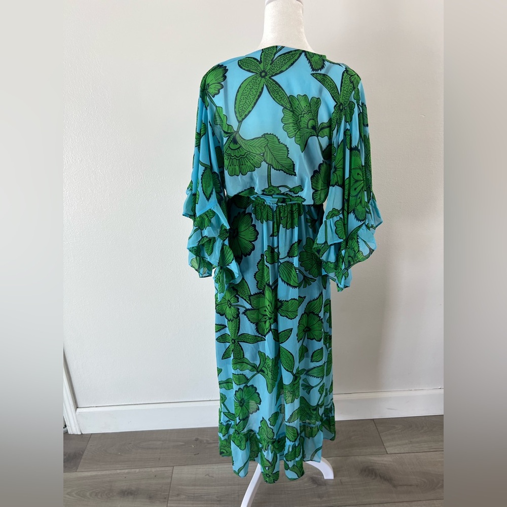 CAbi Derby Dress Light Blue & Green Flutter Sleeve True Wrap Midi Dress Small - Picture 7 of 11